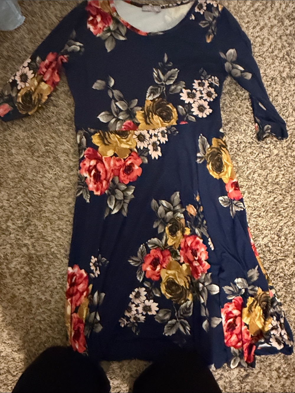 Pretty Young Thing Navy Midi Dress with Red and Mustard Floral Print